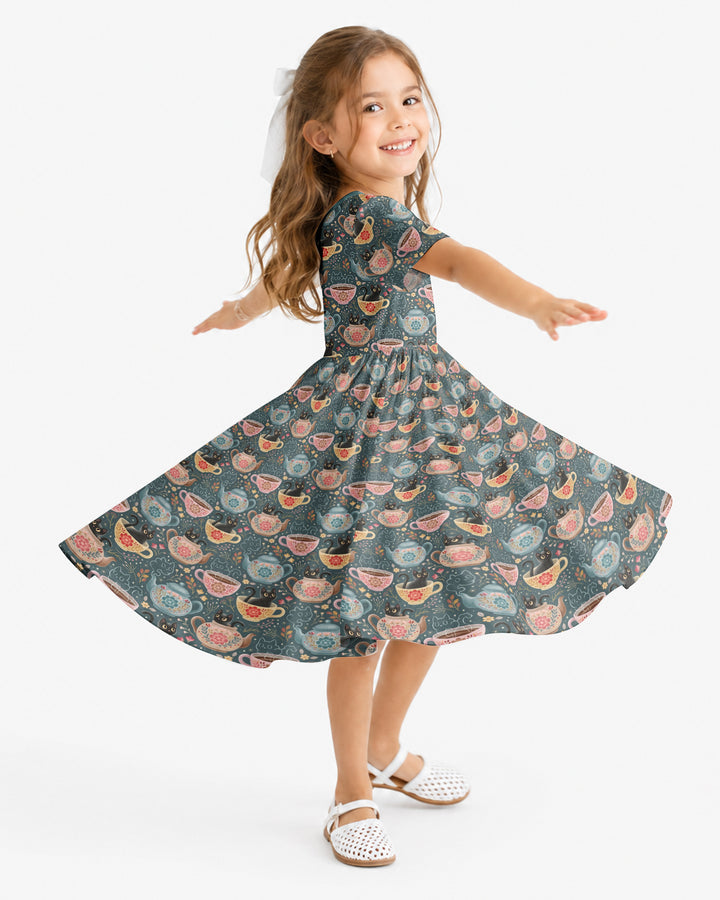 Folk Floral Black Cat Tea Party Bamboo Twirl Dress