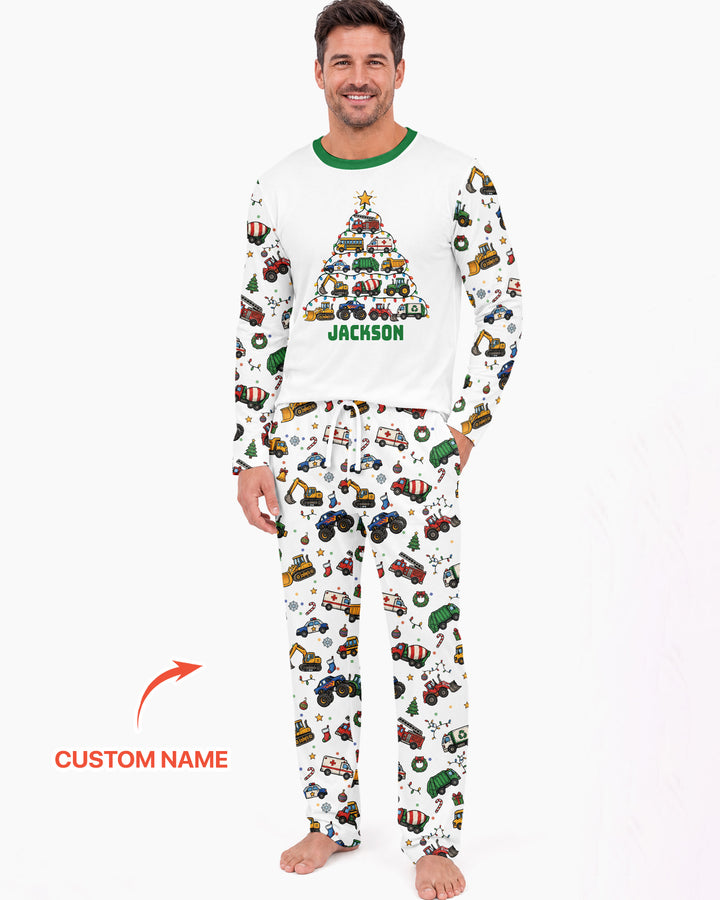 Custom Name Little Trucks Christmas Tree Bamboo Men's Pajama Set