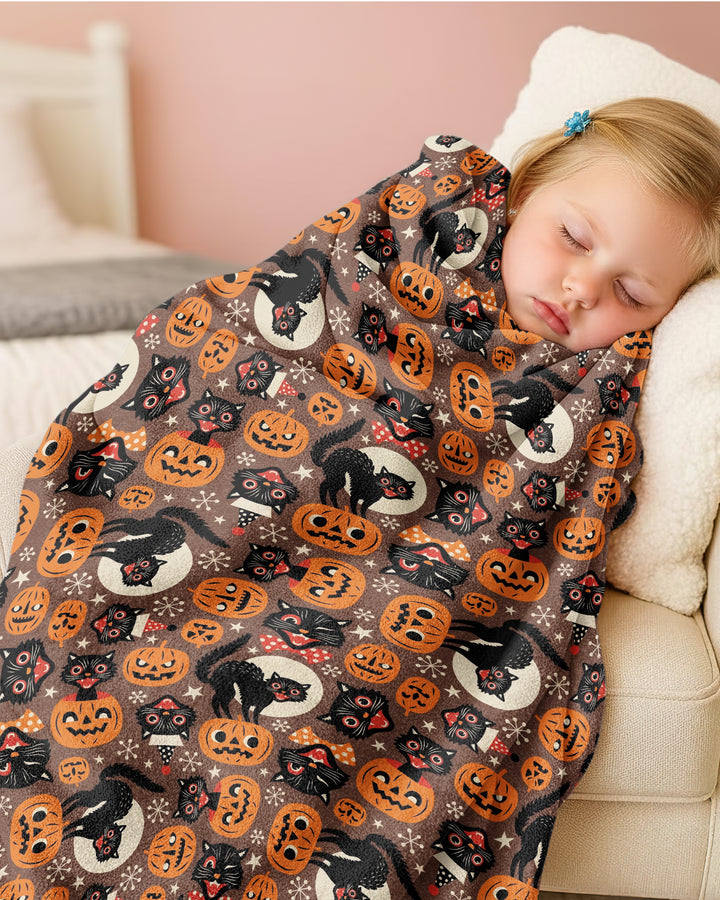 Vintage Halloween Black Cat Pumpkin Bamboo Blanket