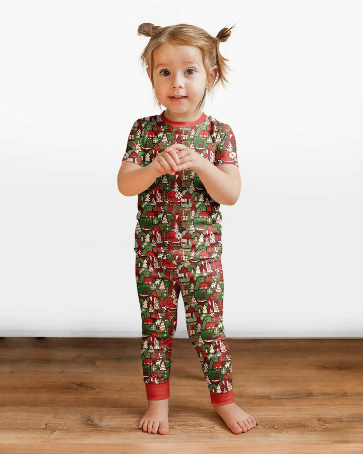 Christmas Time Mosaic Bamboo Two Piece Short Sleeve Pajama Set