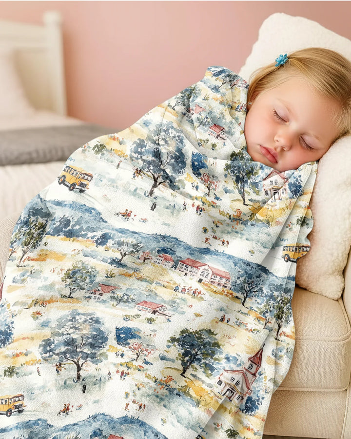 Whimsical Watercolor School Village Bamboo Blanket