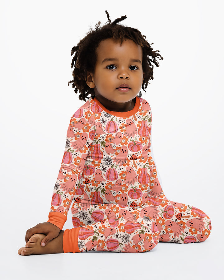 Pink Ghost Pumpkin Fall Floral Halloween Bamboo Two Piece Long Sleeve Pajama Set