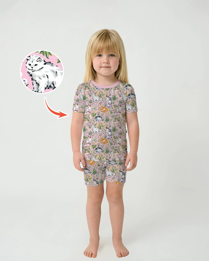 Pijama de dos piezas de bambú de manga corta y pantalón corto a juego para la familia de Kitten Garden