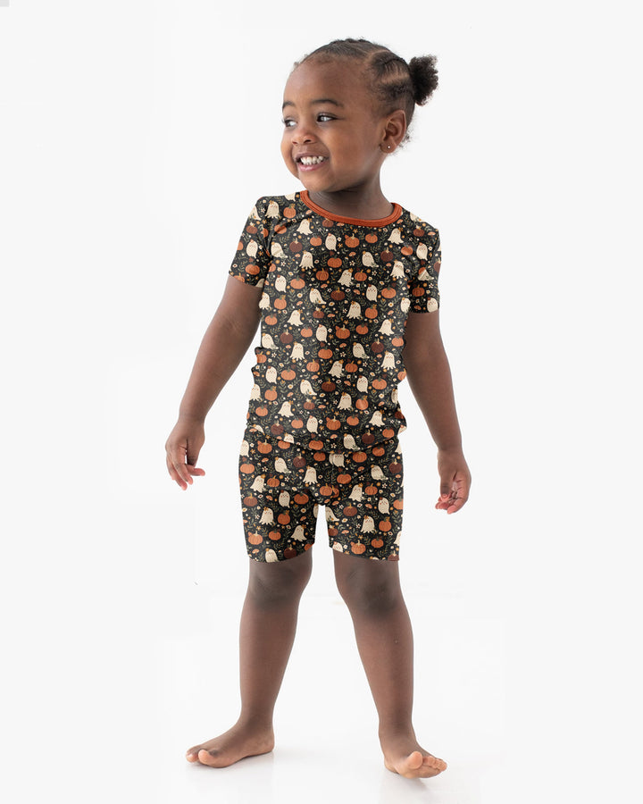 Ghost Pumpkin Harvest Floral Halloween Bamboo Two Piece Short Sleeve Shorts Pajama Set