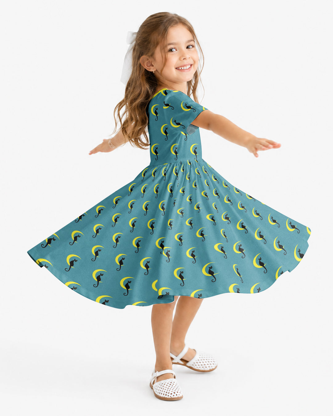 Black Cat Crescent Moon Celestial Night Bamboo Twirl Dress