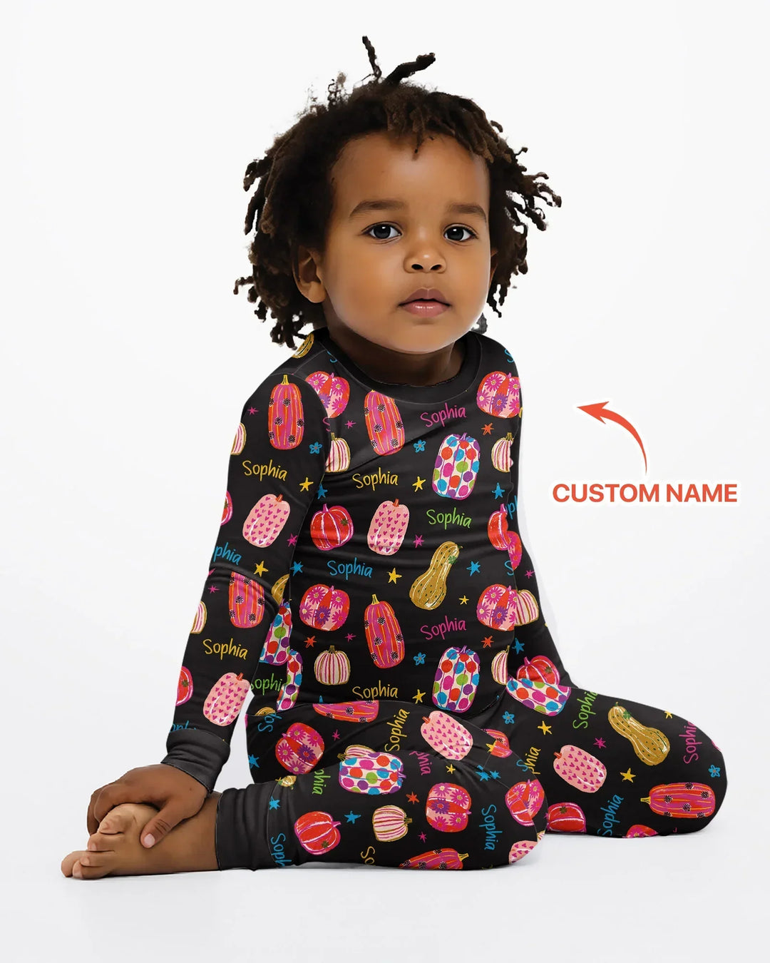 Custom Name Colorful Pumpkin Bamboo Two Piece Long Sleeve Pajama Set