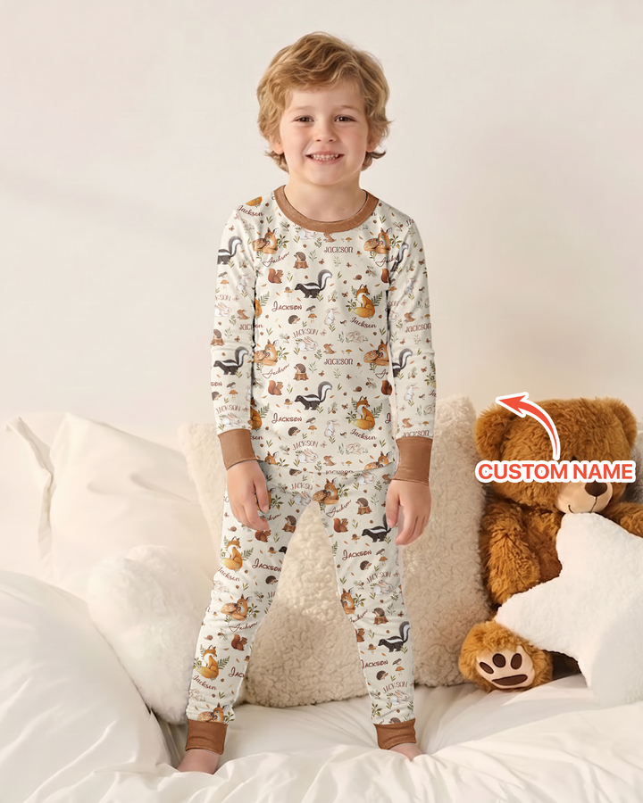 Custom Name Woodland Friends Bamboo Two Piece Long Sleeve Pajama Set