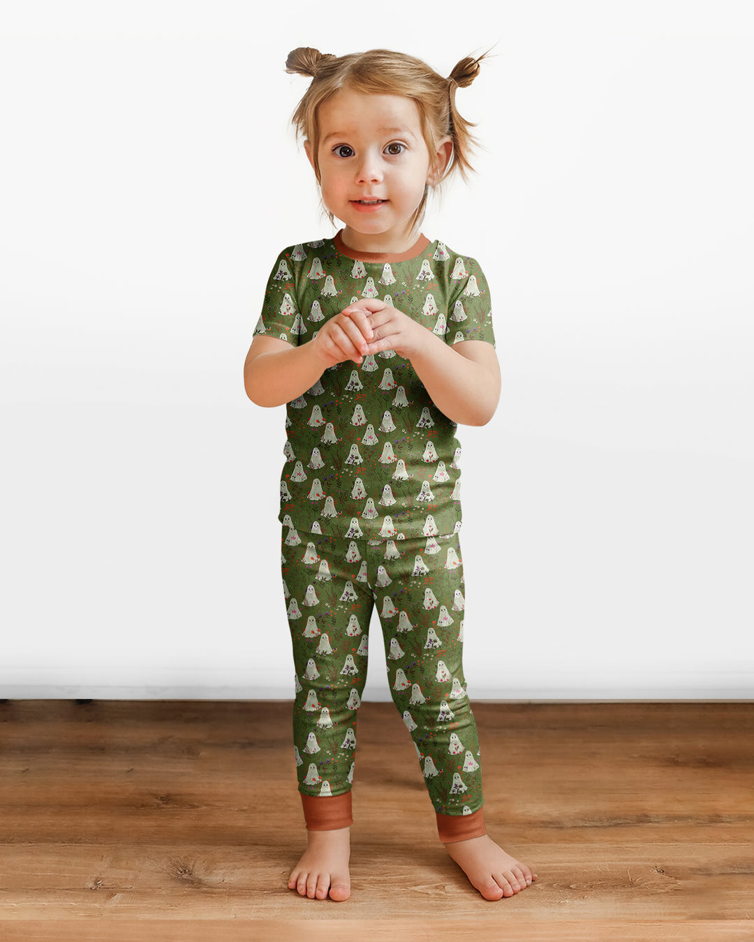 Cute Ghost Halloween Moss Green Floral Bamboo Two Piece Short Sleeve Pajama Set