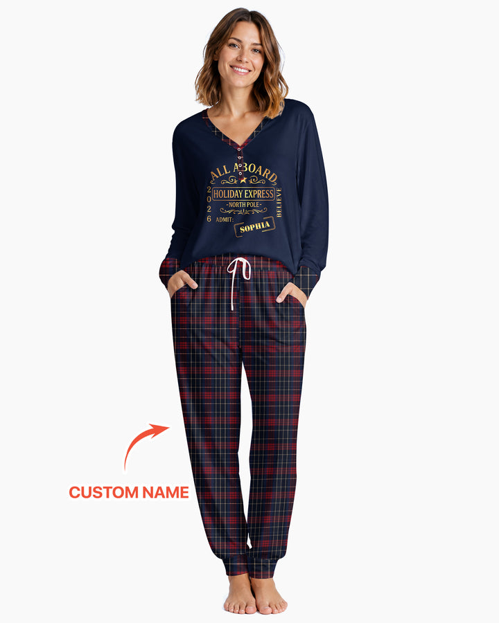 Custom Name North Pole Plaid Bamboo Women Pajama Set