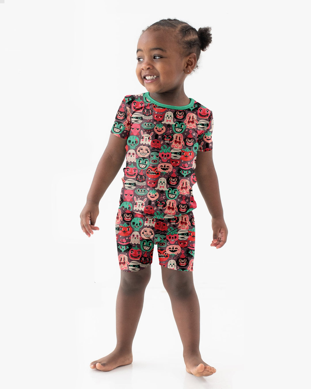 Retro Halloween Monsters Ghost Pumpkin Mummy Bamboo Two Piece Short Sleeve Shorts Pajama Set