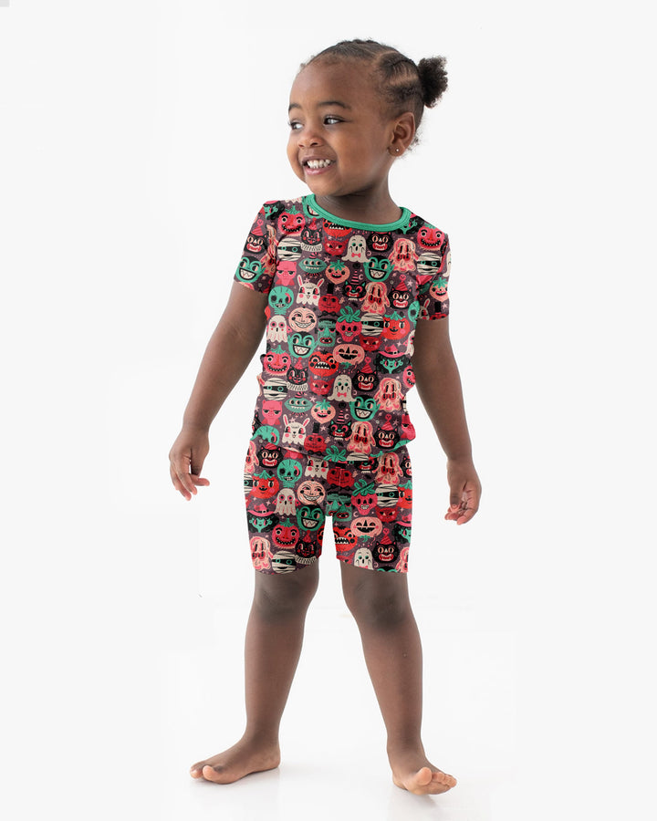 Retro Halloween Monsters Ghost Pumpkin Mummy Bamboo Two Piece Short Sleeve Shorts Pajama Set