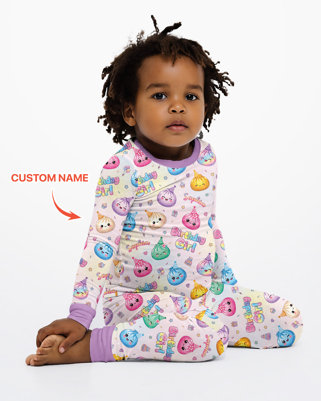 Custom Name Glitter Dumpling Birthday Girl Bamboo Two Piece Long Sleeve Pajama Set