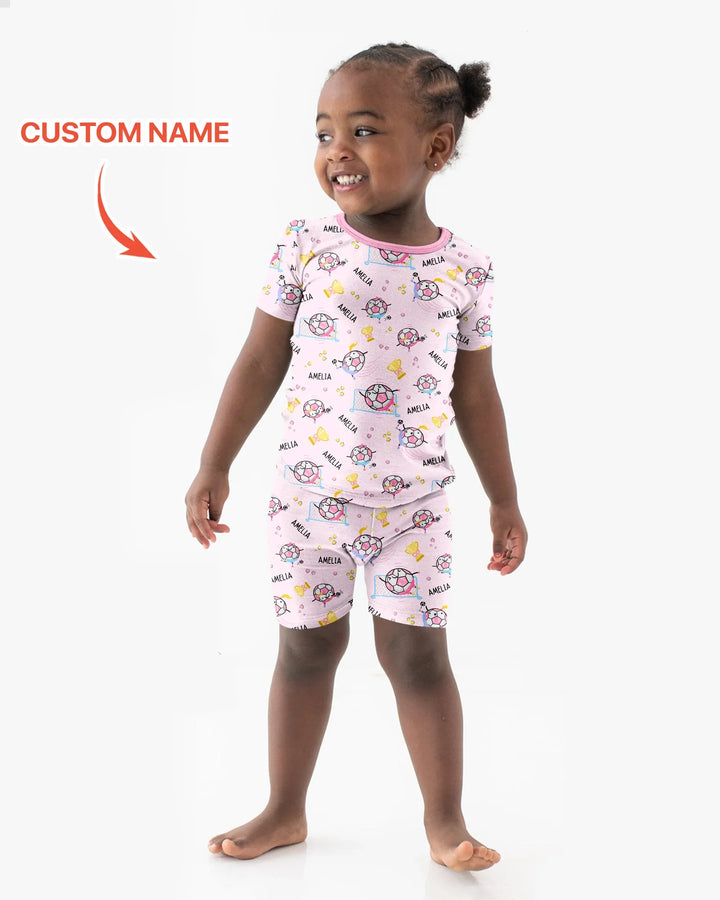 Conjunto de pijama de dos piezas de bambú a juego para papá futbolero, de manga corta y pantalones cortos, con nombre personalizado