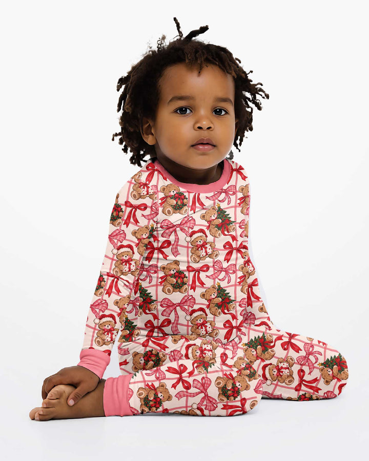 Pink Christmas Teddy Bear Plaid Mommy & Me Matching Bamboo Two Piece Long Sleeve Pajama Set