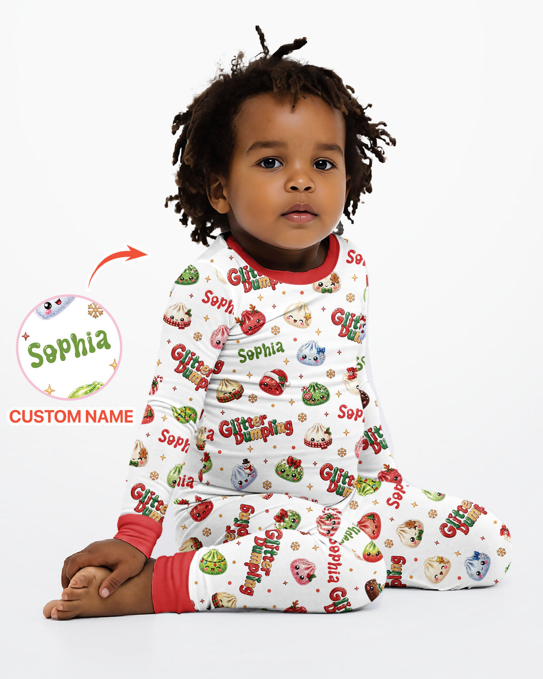 Custom Name Glitter Christmas Dumpling  Bamboo Two Piece Long Sleeve Pajama Set