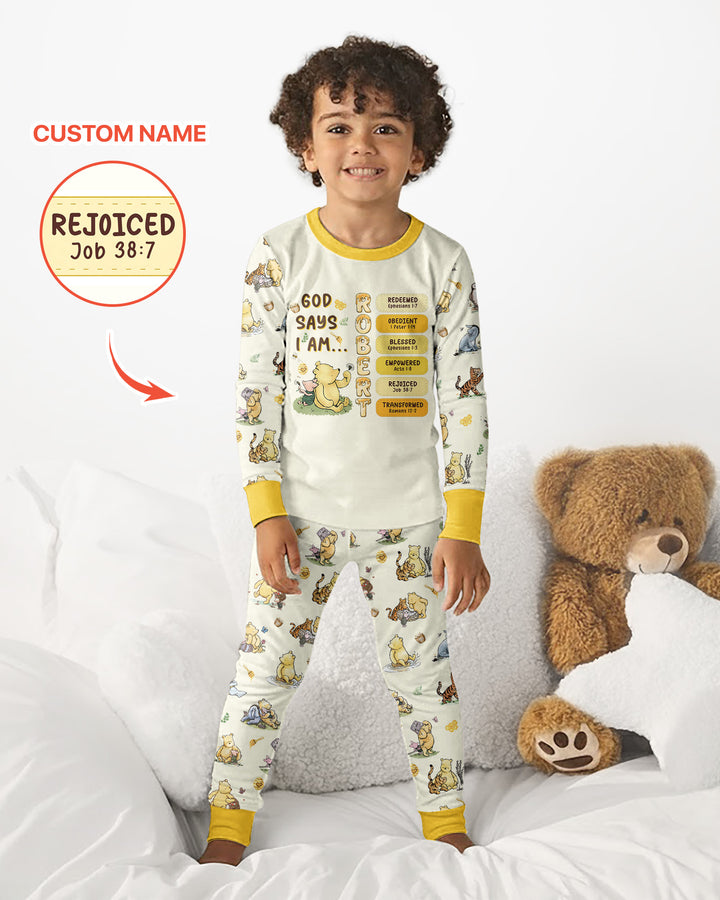 Personalized God Says I Am – Beloved Bear Bamboo Two Piece Long Sleeve Pajama Set