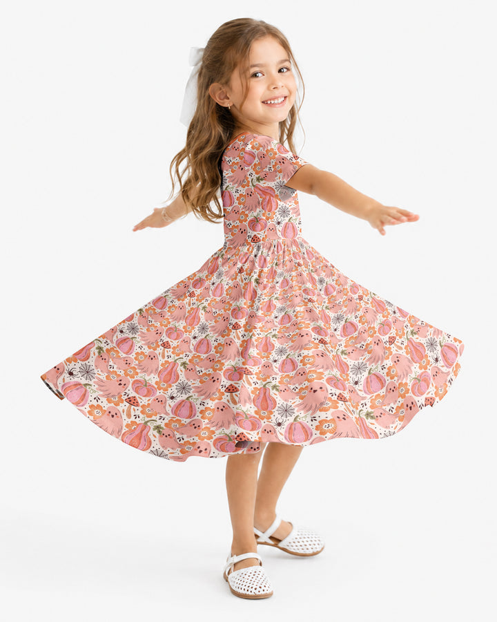 Pink Ghost Pumpkin Fall Floral Halloween Bamboo Twirl Dress