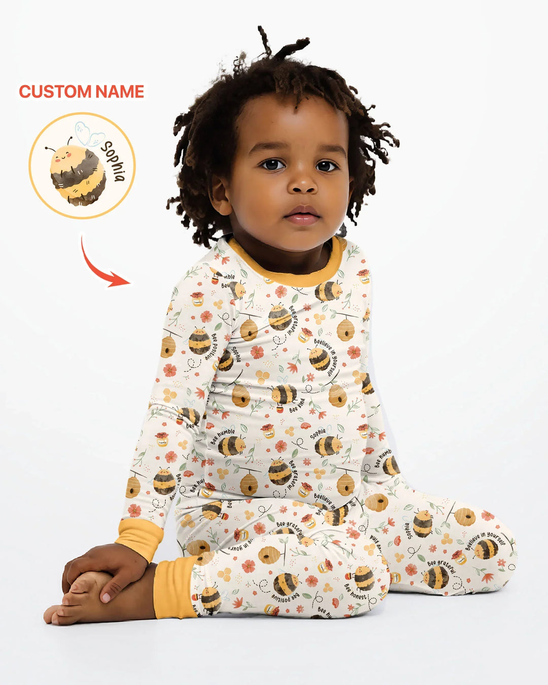 Bee Kind Custom Name Bamboo Two Piece Long Sleeve Pajama Set