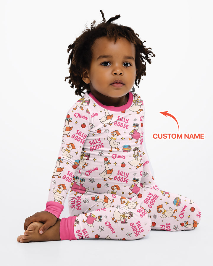 Custom Name Silly Goose Back to School Bamboo Two Piece Long Sleeve Pajama Set