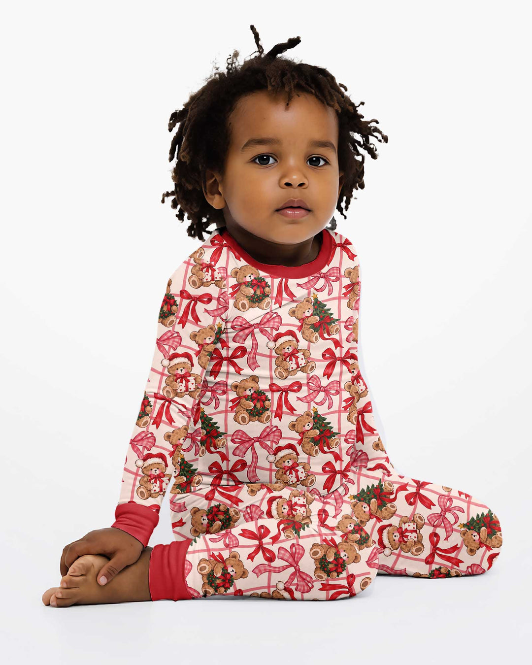 Pink Christmas Teddy Bear Plaid Mommy & Me Matching Bamboo Two Piece Long Sleeve Pajama Set