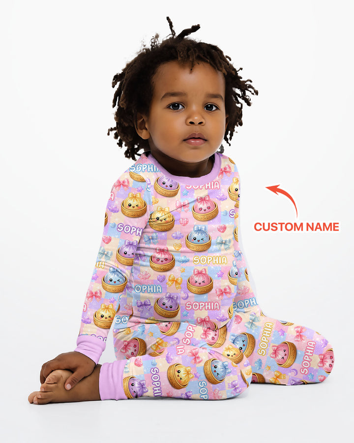 Custom Name Coquette Glitter Dumpling Bamboo Two Piece Long Sleeve Pajama Set