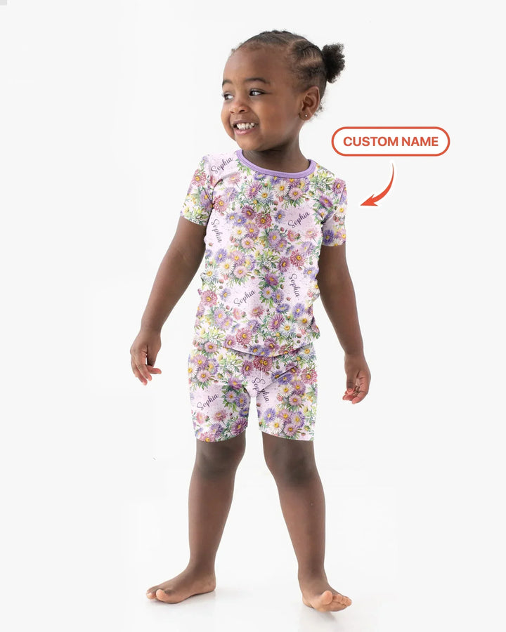 Custom Name Birth Month Flowers Bamboo Two Piece Short Sleeve Shorts Pajama Set