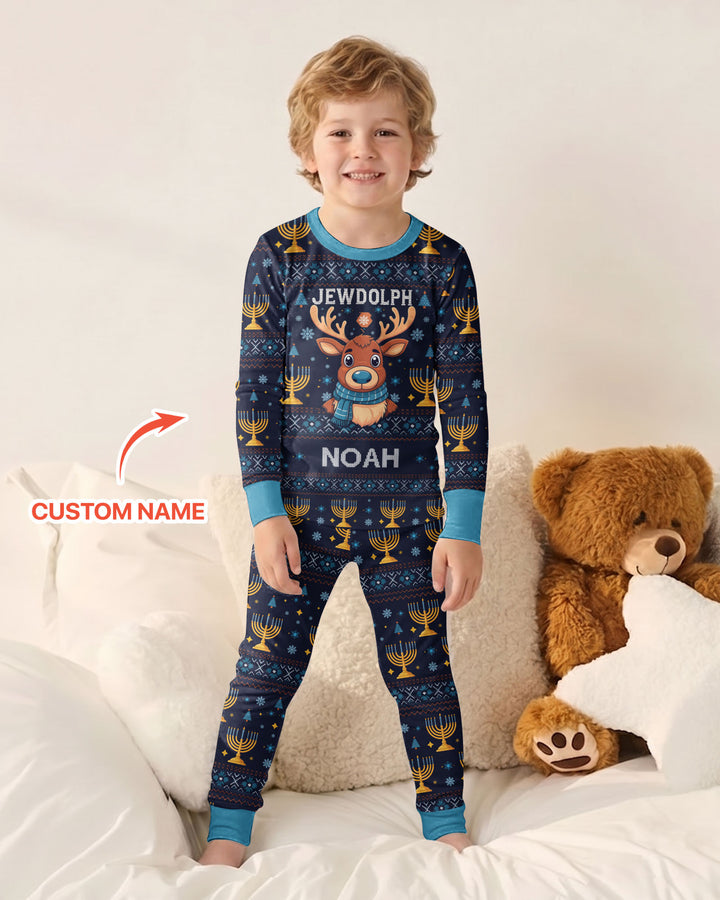 Custom Name Jewdolph Hanukkah Bamboo Two Piece Long Sleeve Pajama Set