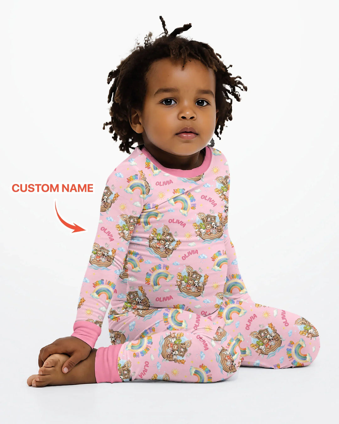 Custom Name Jesus Loves Me Noah's Ark Bamboo Two Piece Long Sleeve Pajama Set