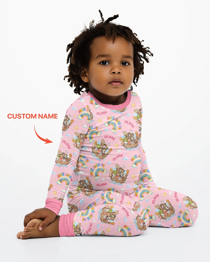 Custom Name Jesus Loves Me Noah's Ark Bamboo Two Piece Long Sleeve Pajama Set