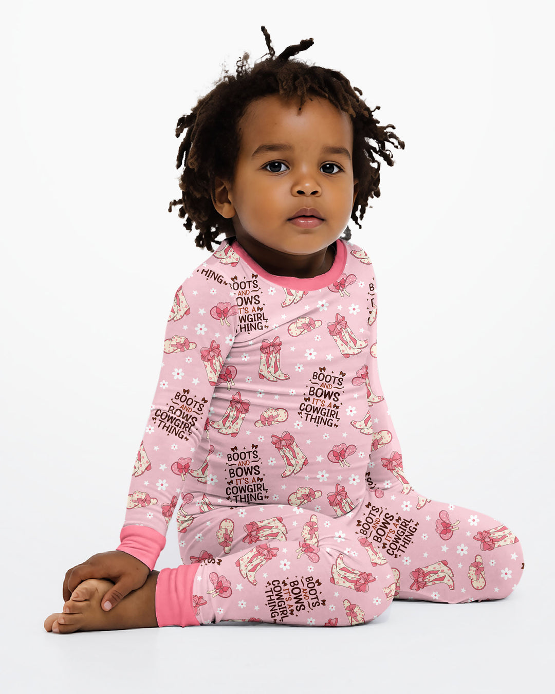 Western Cowgirl Boots And Bows Bamboo Two Piece Long Sleeve Pajama Set
