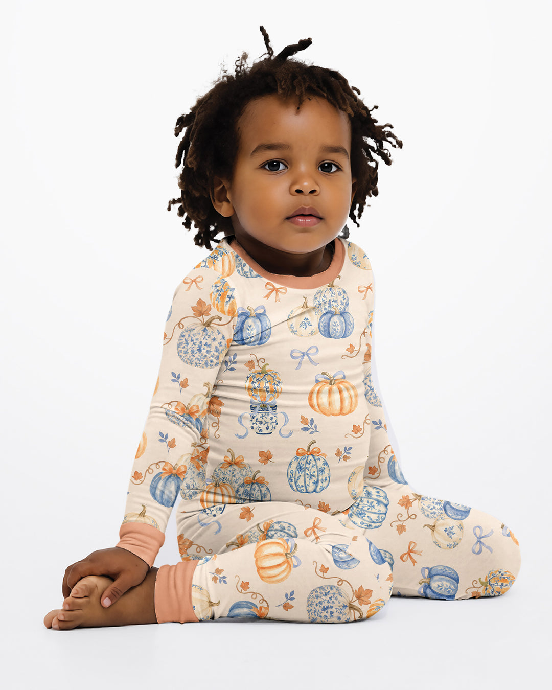 Preppy Blue and Orange Chinoiserie Pumpkin Bamboo Two Piece Long Sleeve Pajama Set