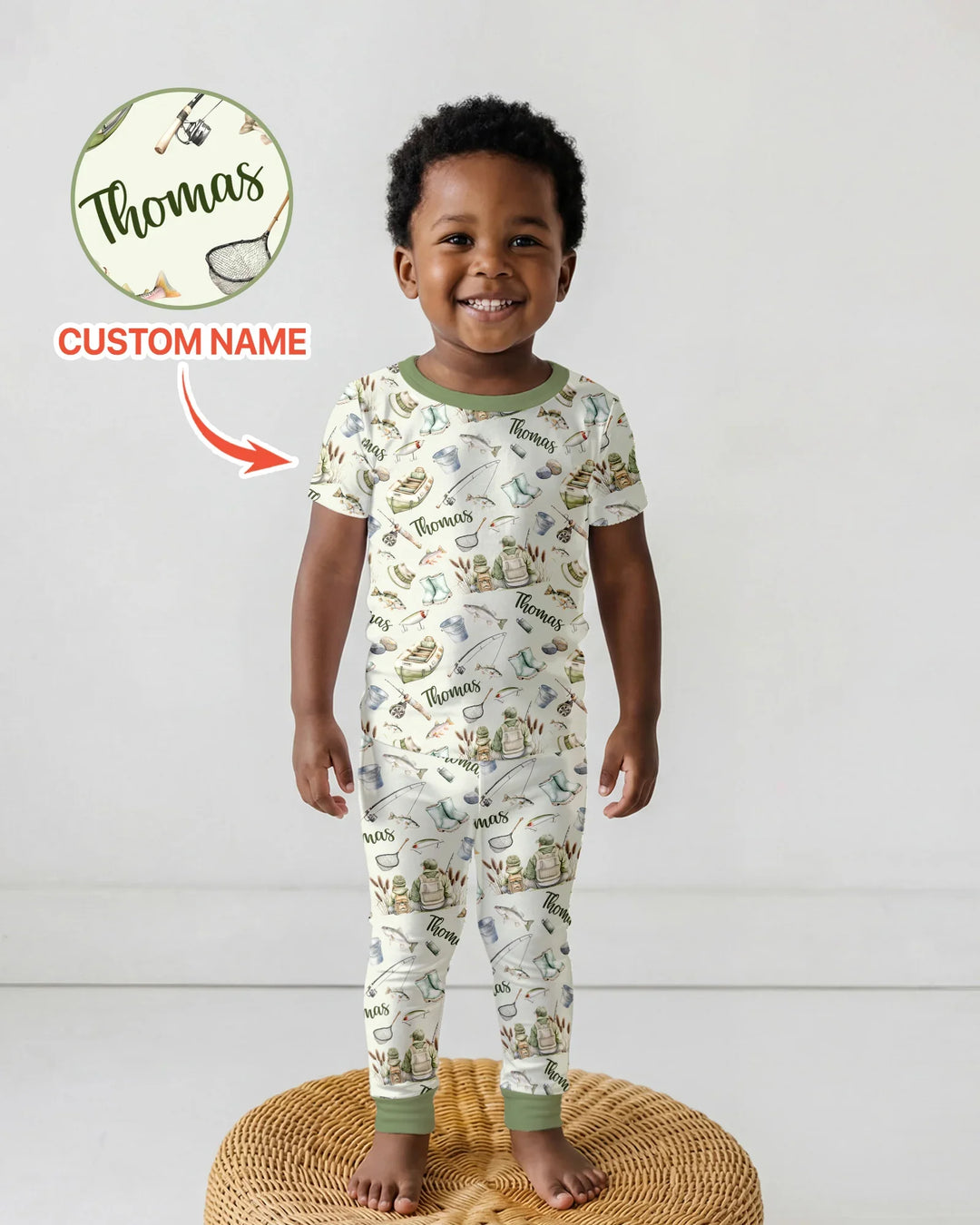 Custom Name Fishing Day Daddy & Me Matching Bamboo Two Piece Short Sleeve Pajama Set