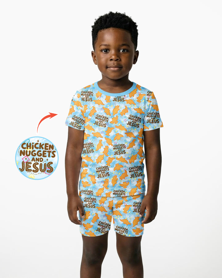 Chicken Nuggets and Jesus Family Matching Bamboo Two Piece Short Sleeve Shorts Pajama Set