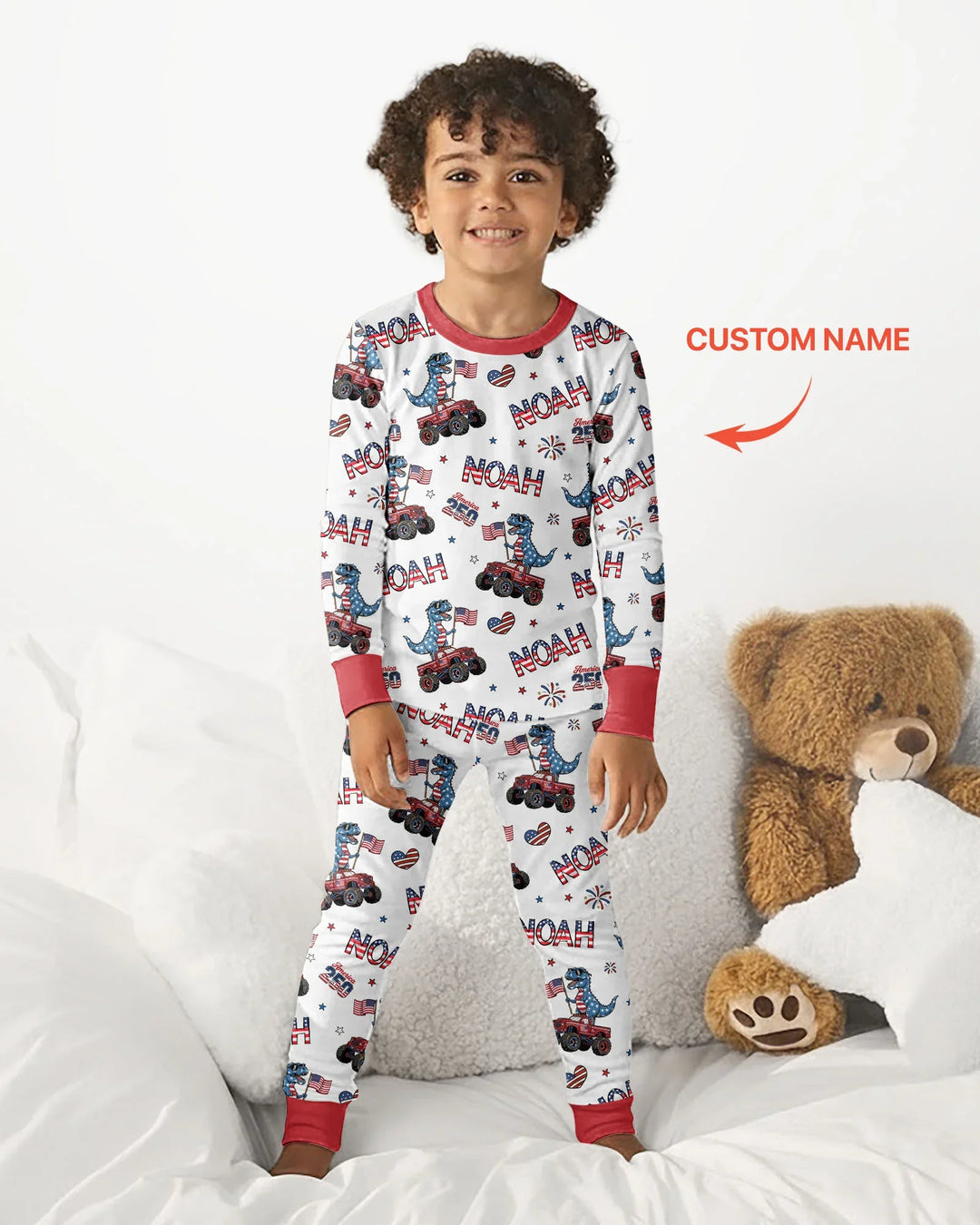 Custom Name American Flag Dinosaur Bamboo Two Piece Long Sleeve Pajama Set