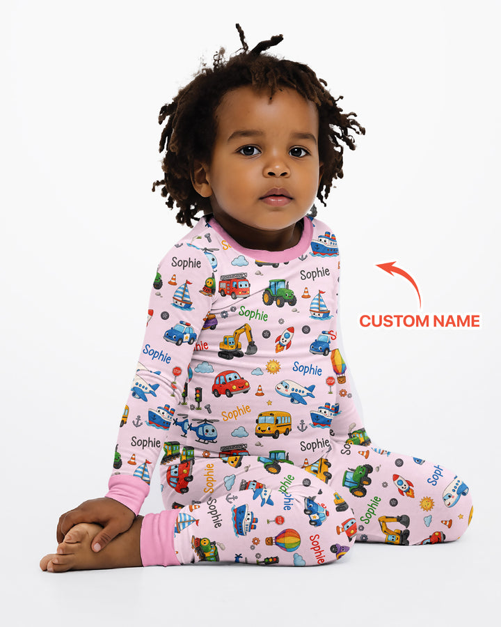 Custom Name Cute Transport Bamboo Two Piece Long Sleeve Pajama Set