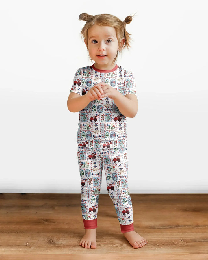 Pijama de dos piezas de bambú de manga corta a juego para la familia, diseño de ganso tonto, estilo patriótico de EE. UU.