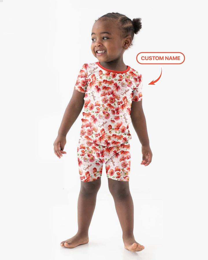 Custom Name Birth Month Flowers Bamboo Two Piece Short Sleeve Shorts Pajama Set
