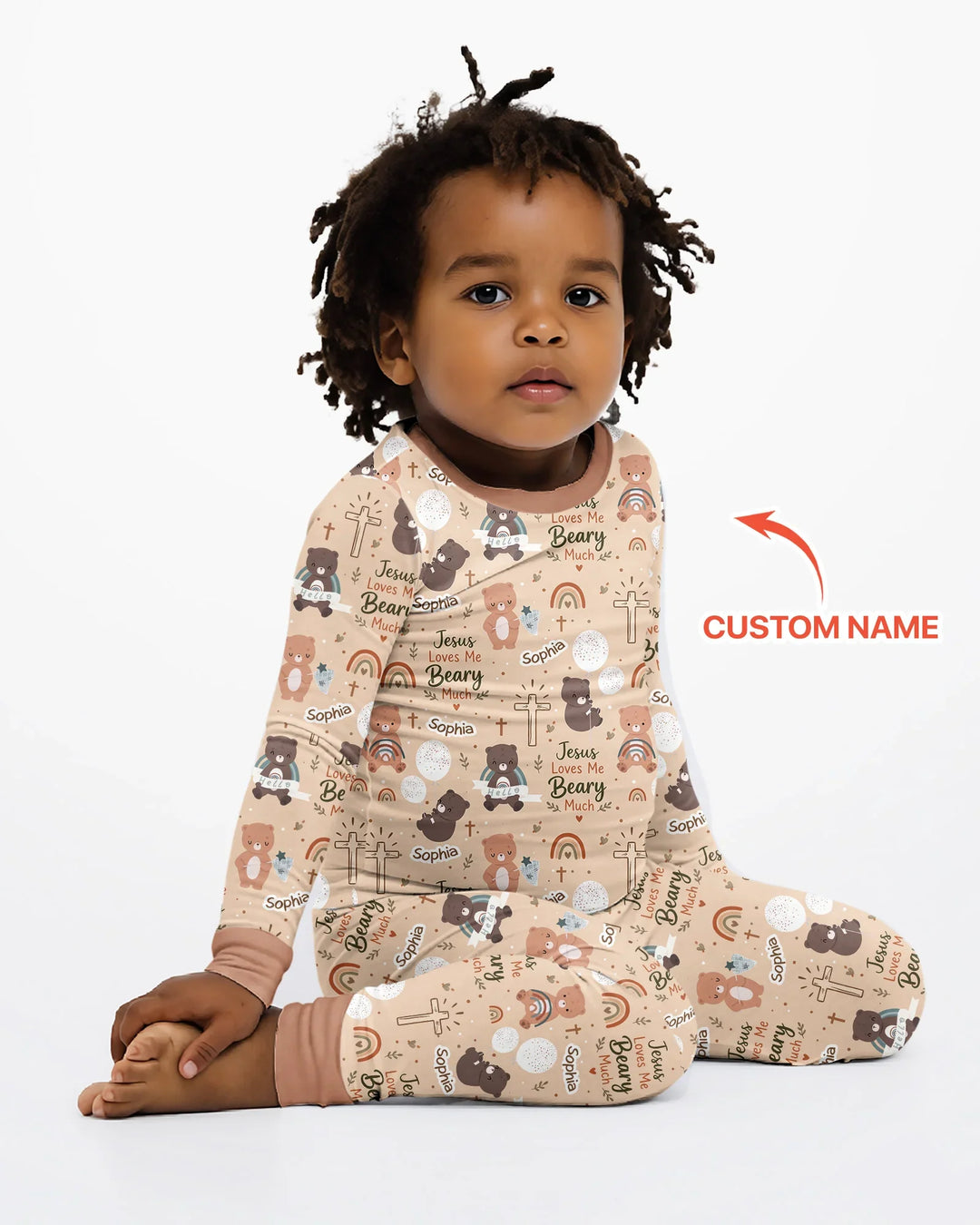 Custom Name Jesus Loves Me Beary Much Bamboo Two Piece Long Sleeve Pajama Set