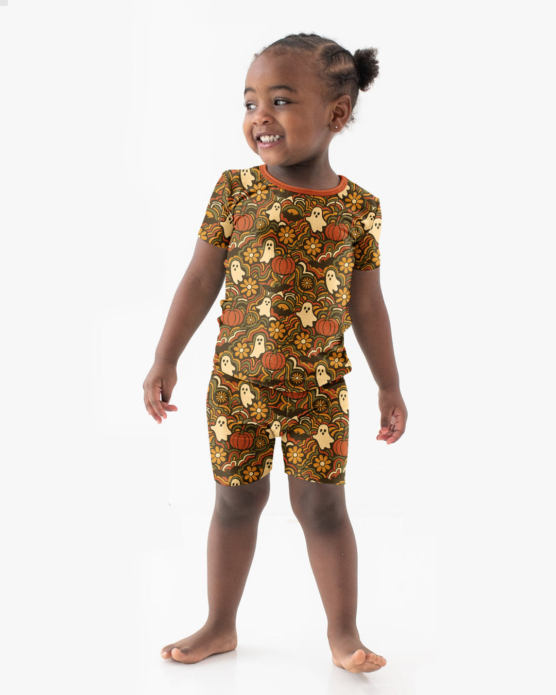 Retro Halloween Ghost Pumpkin Floral Bamboo Two Piece Short Sleeve Shorts Pajama Set