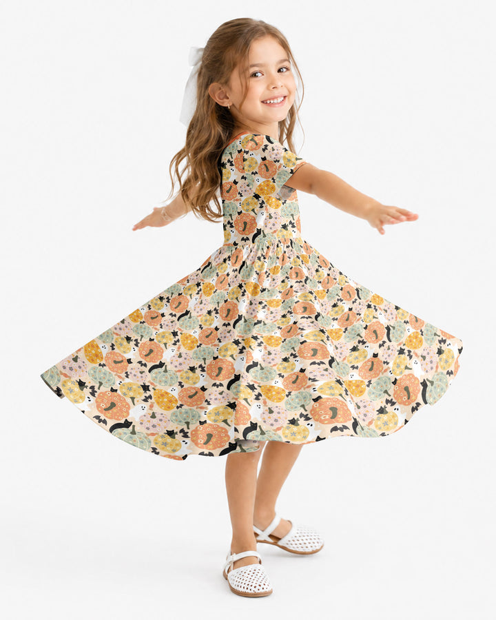 Floral Pumpkin Ghost Halloween Bamboo Twirl Dress
