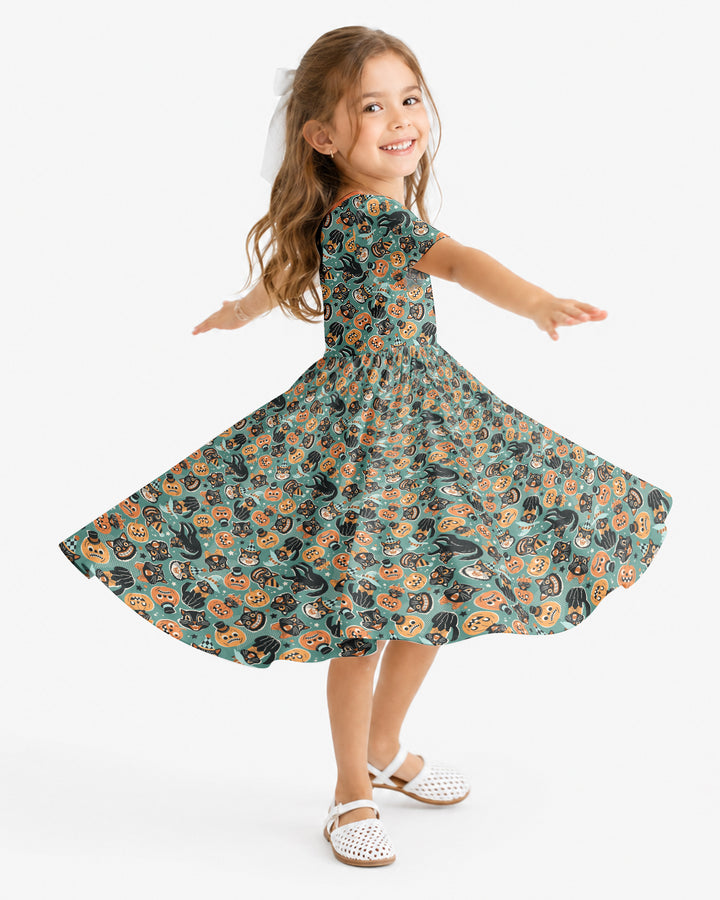 Retro Black Cat Witch Pumpkin Halloween Bamboo Twirl Dress