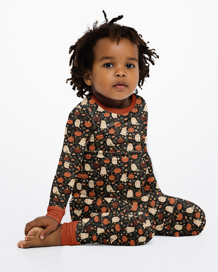 Ghost Pumpkin Harvest Floral Halloween Bamboo Two Piece Long Sleeve Pajama Set