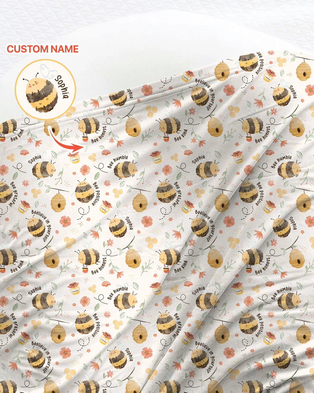 Manta para bebé "Bee Kind" con nombre personalizado
