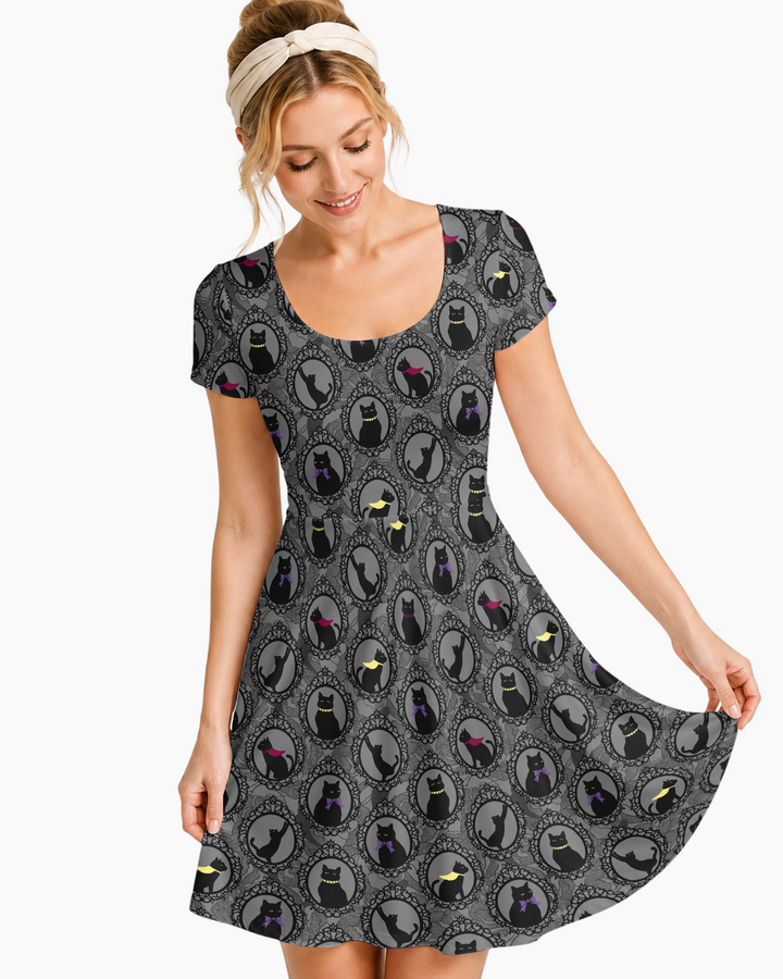 Midnight Cat Parade Bamboo Women’s Short Sleeve Twirl Dress