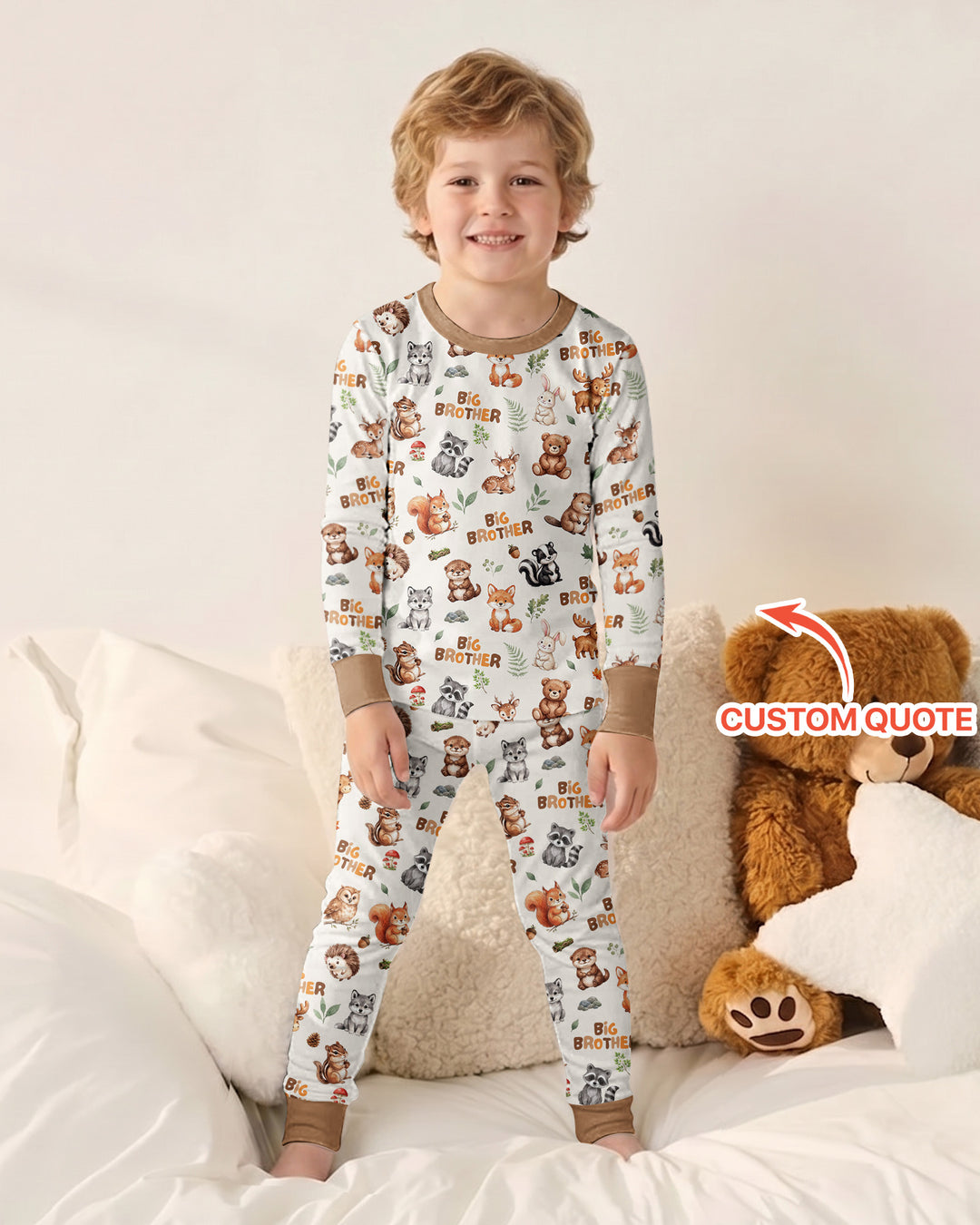 Custom Quote Woodland Animal Matching Sibling Bamboo Two Piece Long Sleeve Pajama Set