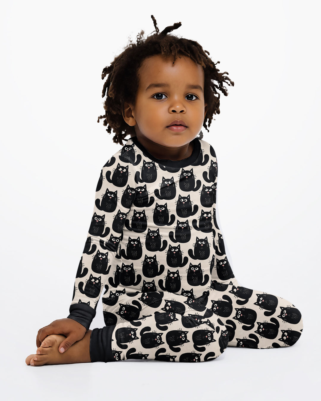 Moody Black Cats in Black and White Bamboo Two Piece Long Sleeve Pajama Set