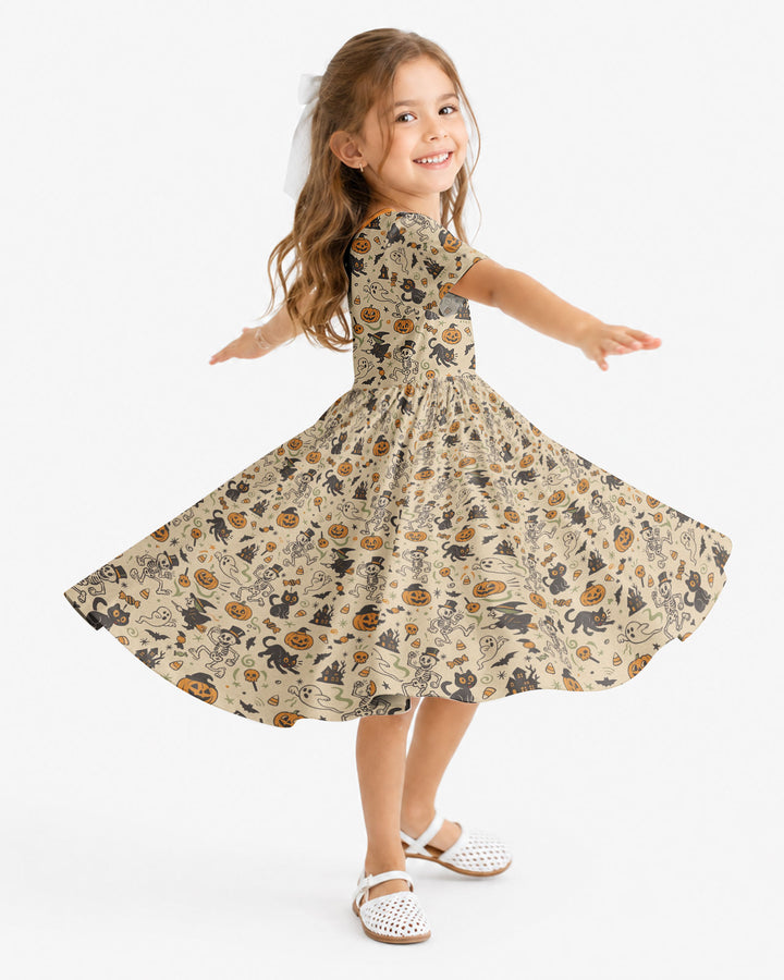 Vintage Skeleton Pumpkin Halloween Bamboo Twirl Dress