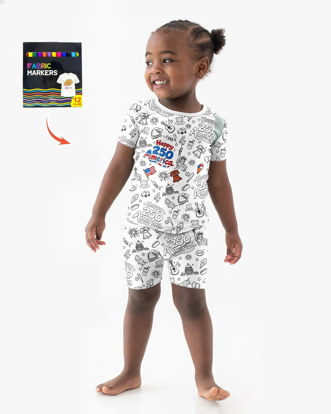 All Colorable Happy 250 America I love USA Bamboo Two Piece Short Sleeve Shorts Pajama Set