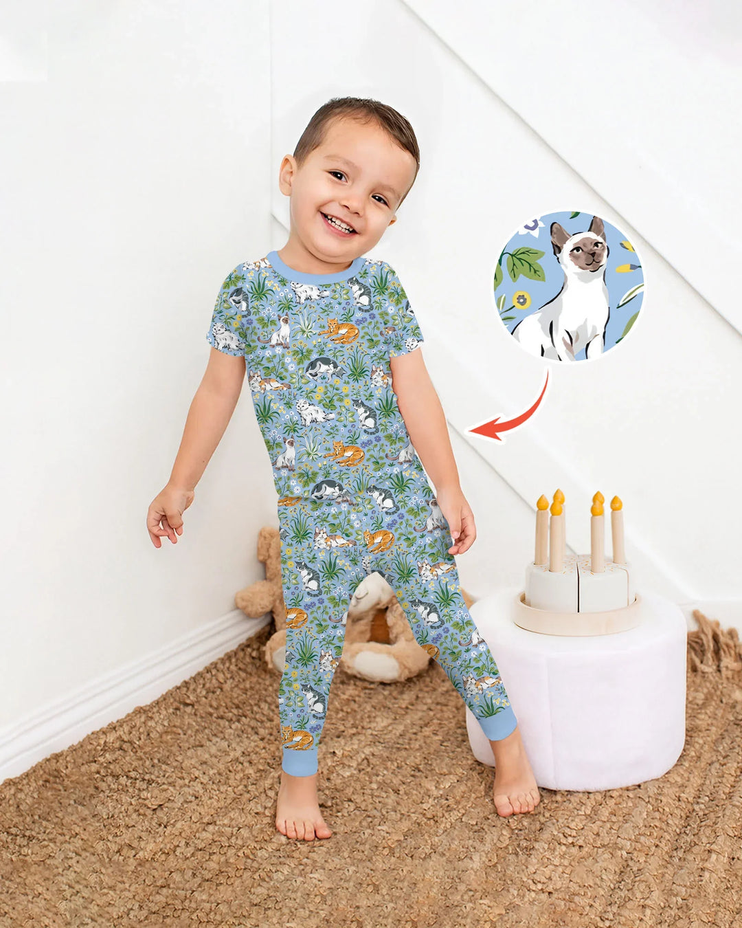 Conjunto de pijama de dos piezas de bambú de manga corta a juego para la familia Kitten Garden
