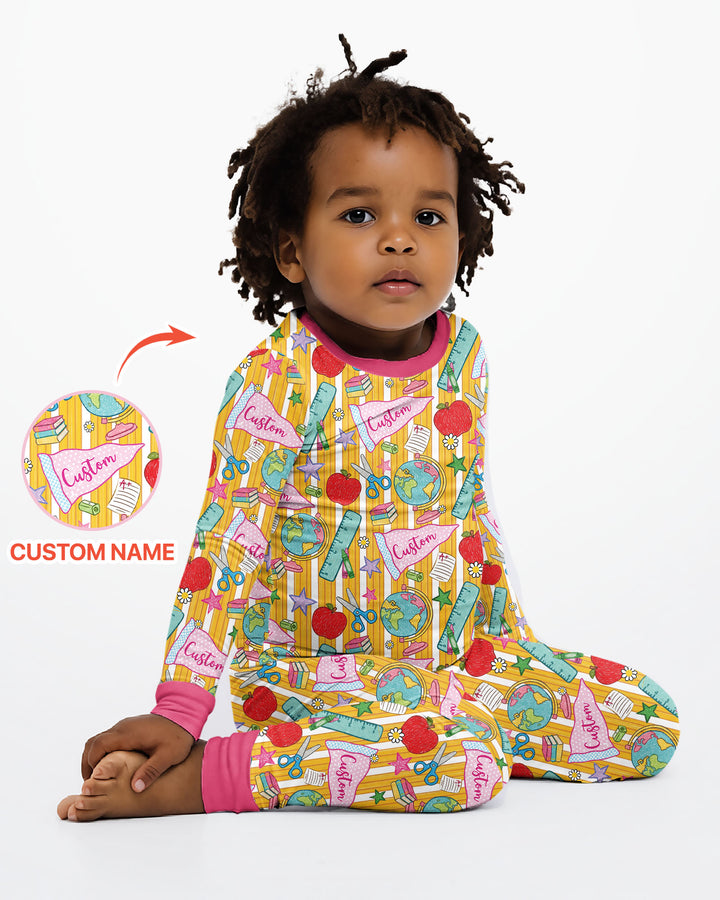 Custom Back To School Pennant Bamboo Two Piece Long Sleeve Pajama Set